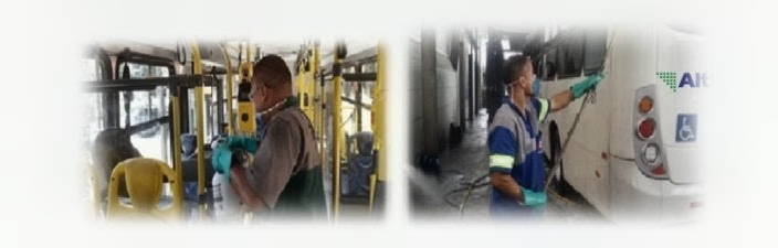 Equipe profissional higienizando ônibus e vans urbanos